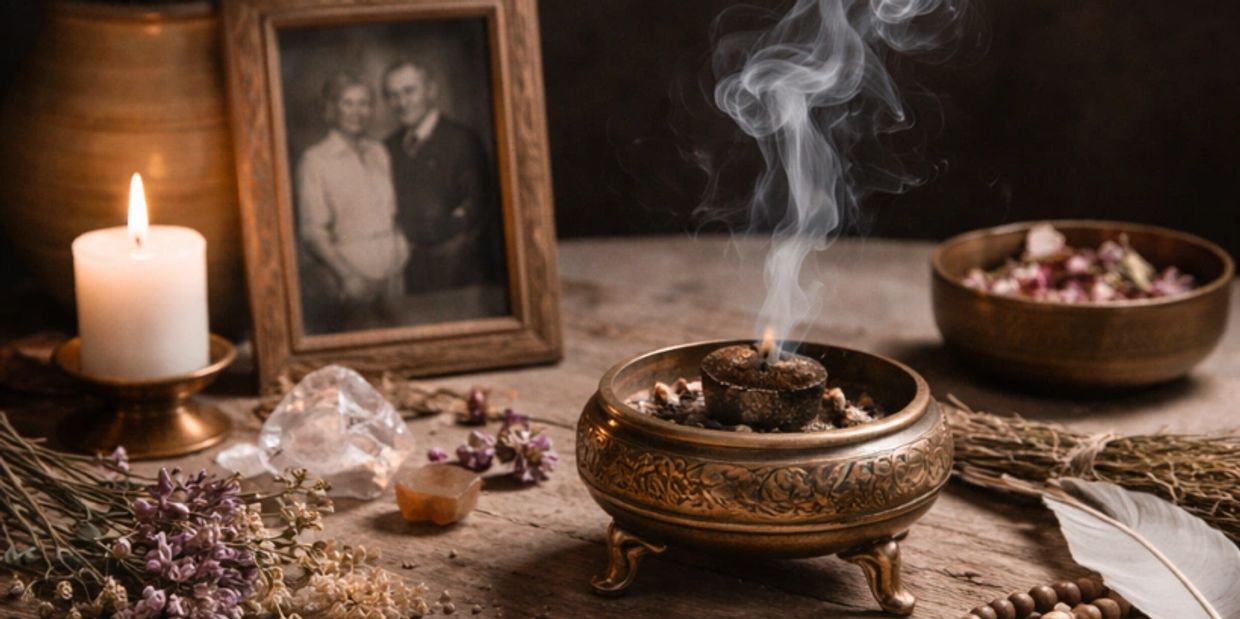 A mystical altar with incense, candle, dried flowers, and a vintage photo.