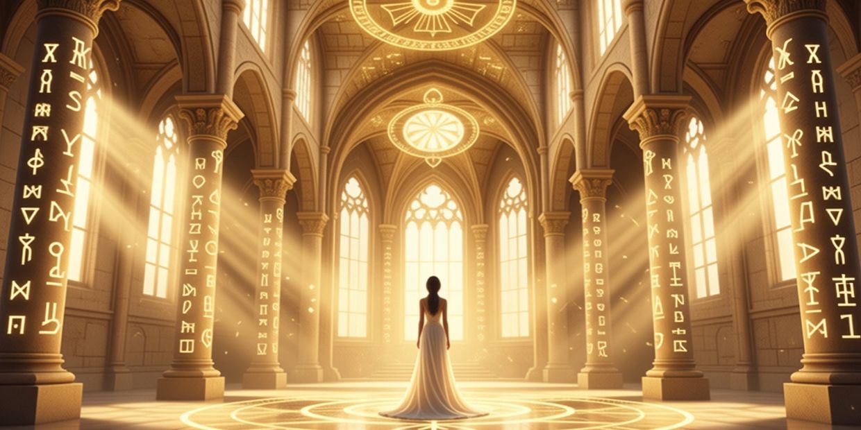 A woman in a white dress stands in a glowing ancient hall with mystical symbols.
