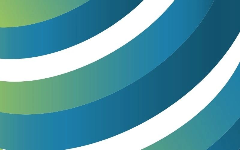 Abstract design with curved blue and green stripes on a white background.
