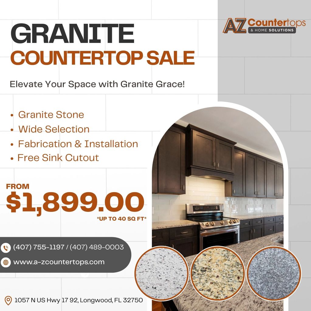 Granite countertop sale with prices starting at $1,899.00 and free sink cutout.