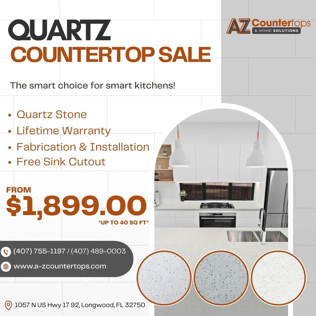 Quartz countertop sale with lifetime warranty, fabrication, and installation, starting at $1,899.