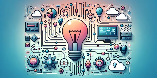 Illustration of light bulbs and tech icons representing innovation and technology with electrical, mechanical power.