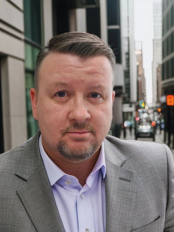 Man in a gray suit posing on a city street.