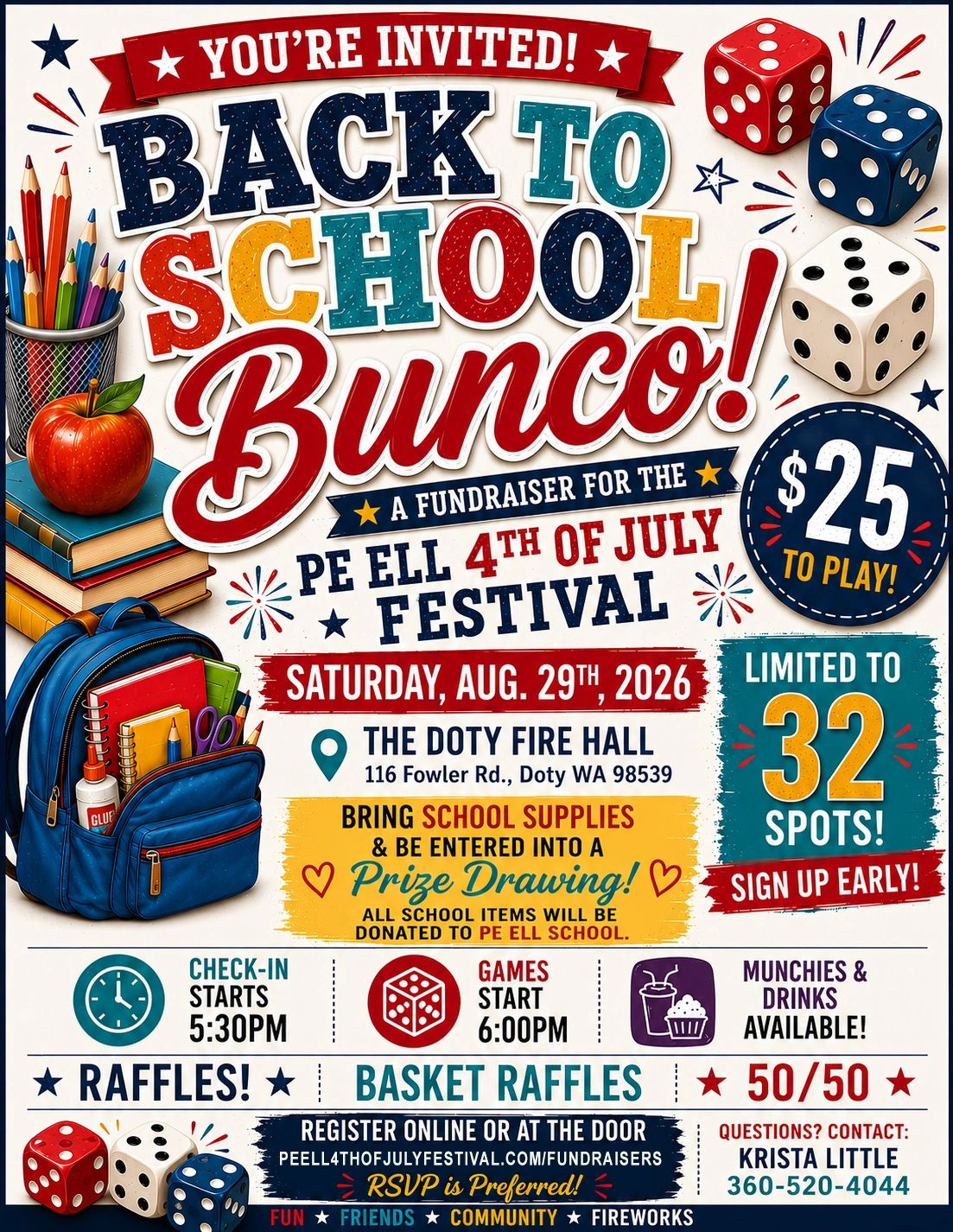 Invitation to a Back to School Bunco fundraiser.