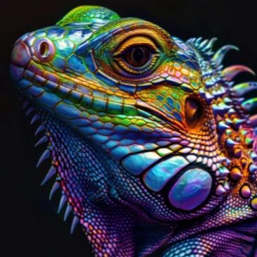 Close-up of a vibrantly colored iguana with detailed scales.