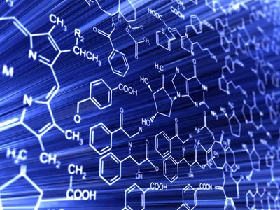 Complex chemical structures and formulas on a blue digital background.