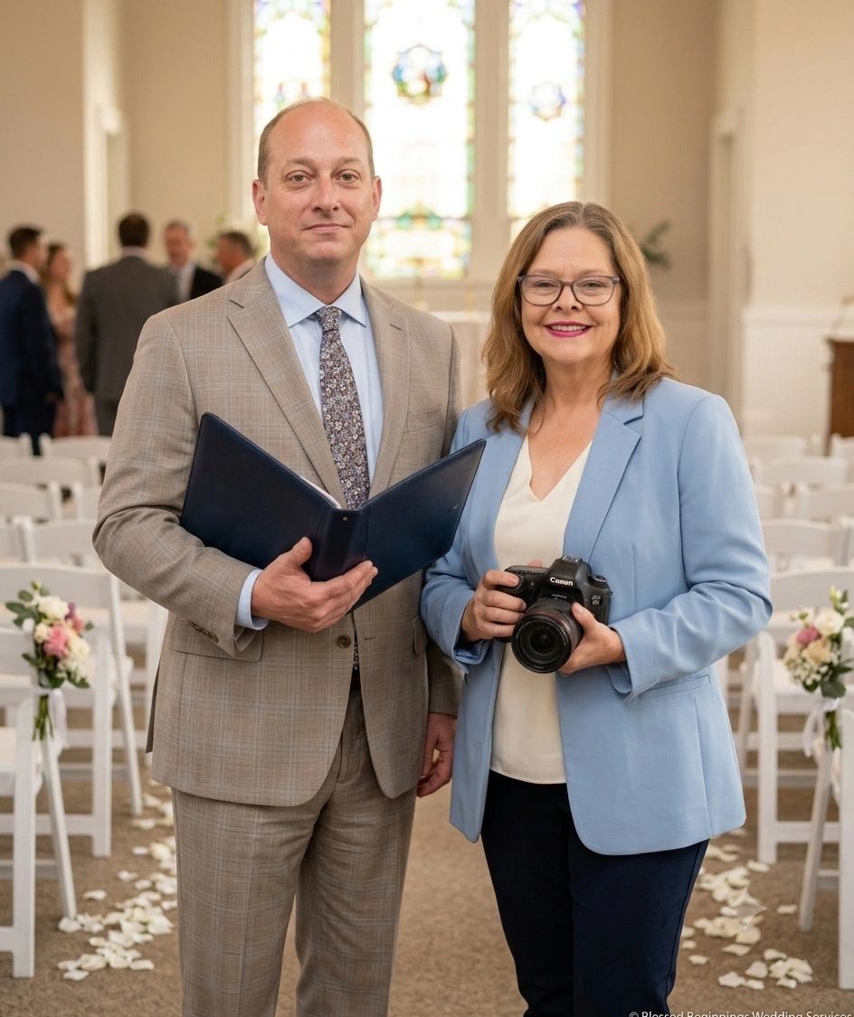 Man and woman standing in a decorated hall, holding wedding-related items.