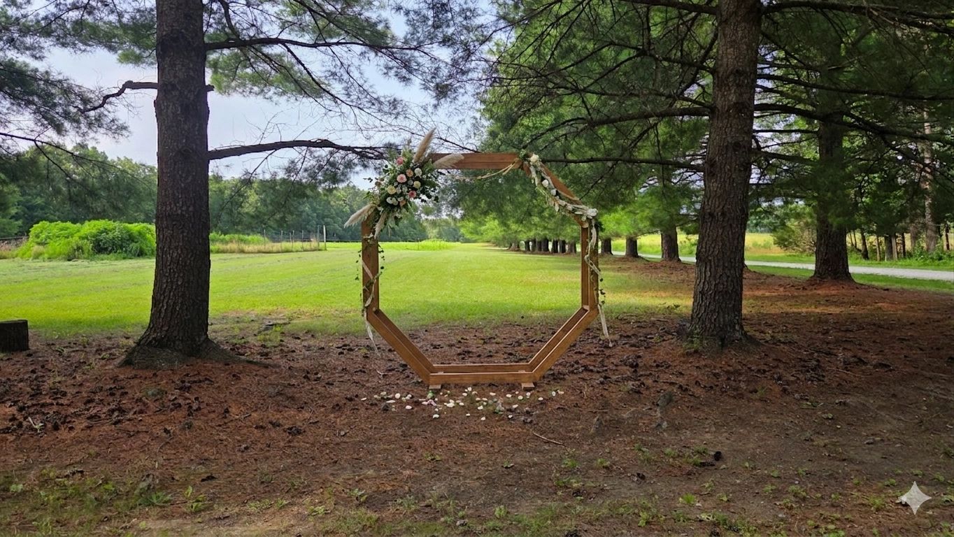Octagonal wooden arch decorated with flowers in a wooded area.