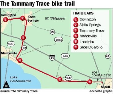 Map showing the Tammany Trace bike trail with six main trailheads in St. Tammany Parish.