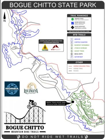 Map of Bogue Chitto State Park mountain bike trails with rankings and trail names.