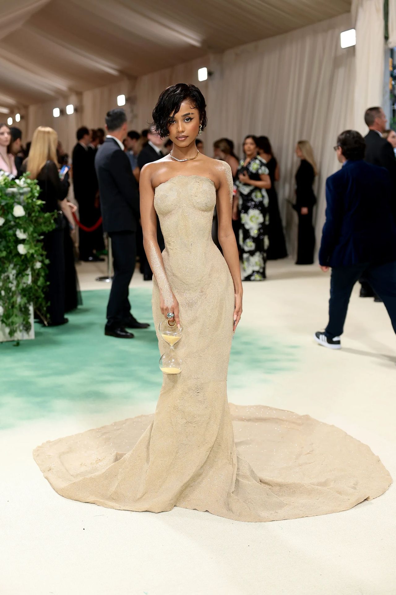 Tyla wearing Balmain Sand Sculpture Gown Getty Images