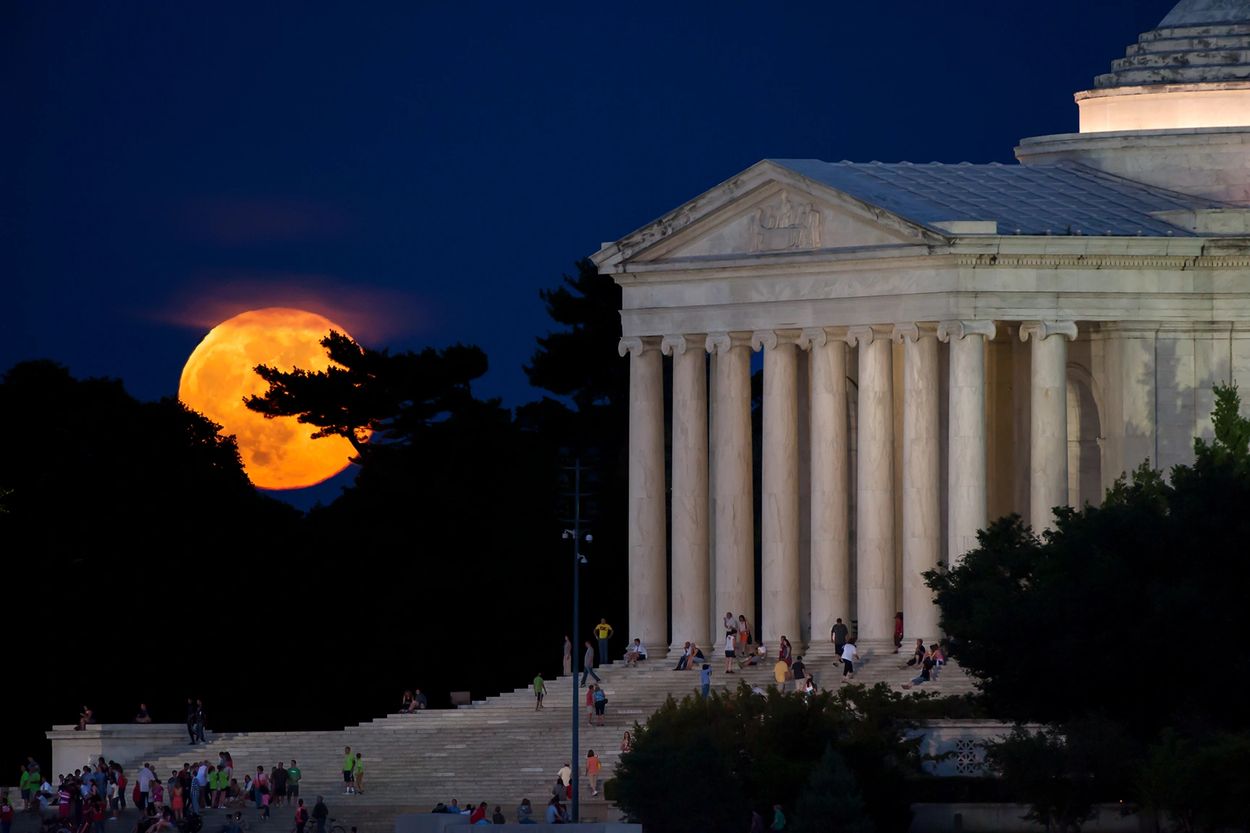 A rare Super-Moon rising next to the Jefferson Memorial in Washington, D.C.