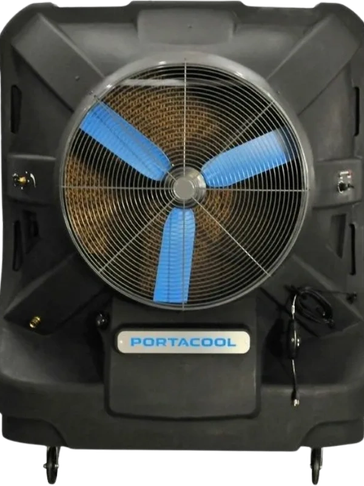 Portable Portacool evaporative cooler with blue fan blades.