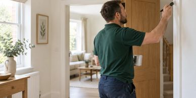 Illustrative photo of a maintenance worker repainting a door frame.