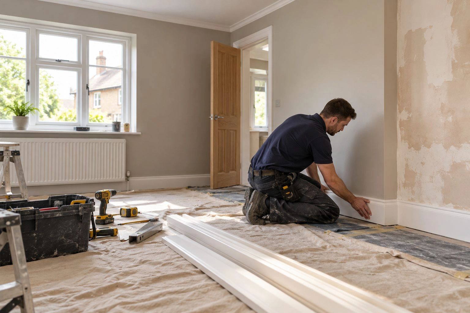 Illustrative photo of a small residential refurbishment in progress, with floor protection and a tra