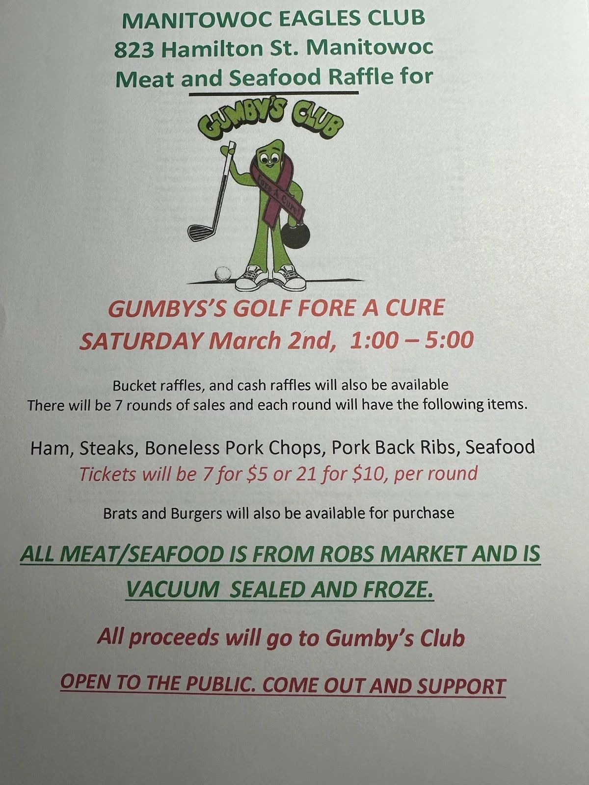 Flyer for Manitowoc Eagles Club's Meat and Seafood Raffle supporting Gumby's Club on March 2nd.