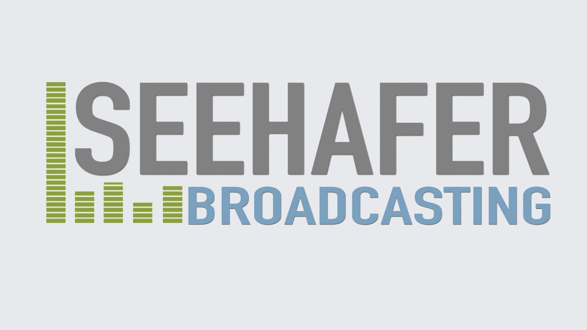 Logo for Seehafer Broadcasting with green bars and blue text.