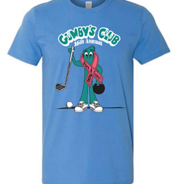 Blue T-shirt with Gumby's Club 16th Annual golf design.