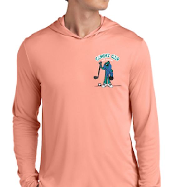 Peach hoodie with a quirky golf cartoon and 'Clement Club' text on the chest.