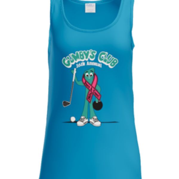Blue tank top with Gumby character and golf theme design.