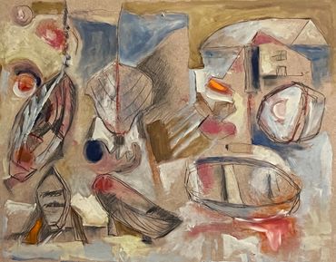 Abstract painting with muted tones and geometric shapes.