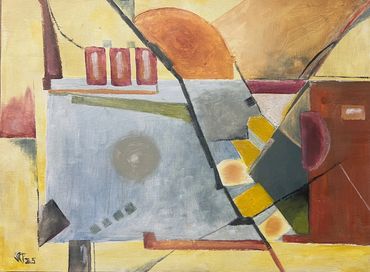 Abstract geometric painting with intersecting lines and warm colors.