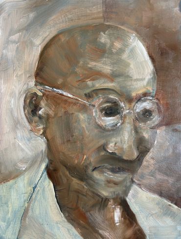 Oil painting of an elderly man with glasses and a thoughtful expression.