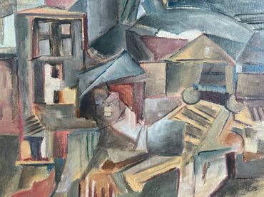 Abstract cubist painting of buildings with geometric shapes and muted colors.