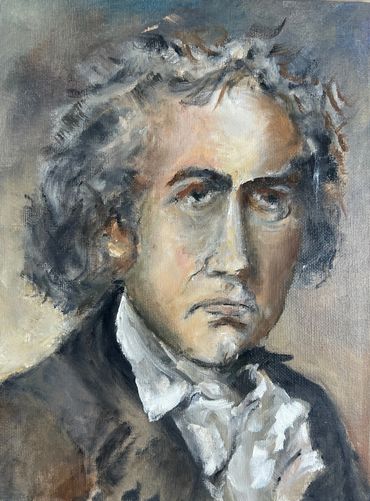 Oil painting portrait of a serious man with curly hair and formal attire.