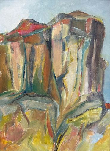 Abstract painting of colorful rocky cliffs with vibrant brushstrokes.