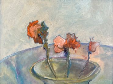 Abstract painting of three wilted flowers in a bowl with soft, muted colors.