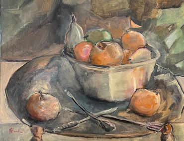 Still life painting of fruit in a bowl on a draped cloth.