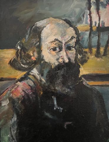 Expressionist painting of a bearded man with intense eyes and a somber mood.