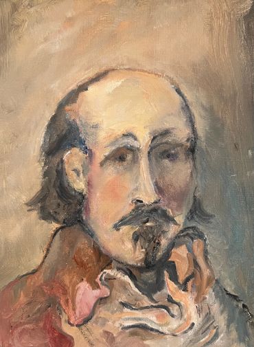 Impressionist-style portrait of a man with a mustache and goatee.