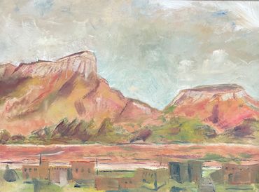 Impressionist painting of a desert landscape with red rock formations and sky.