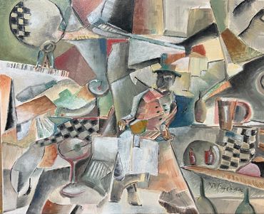 Abstract cubist painting featuring a figure holding a bottle amid geometric shapes.