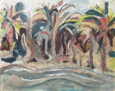 Abstract painting of palm trees near water with expressive brushstrokes.