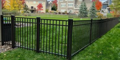 Black metal fence enclosing a green lawn in a residential area.