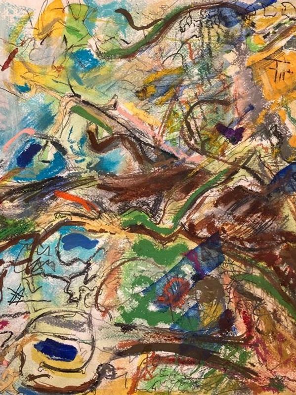 Abstract colorful painting with dynamic brush strokes and vibrant shapes.