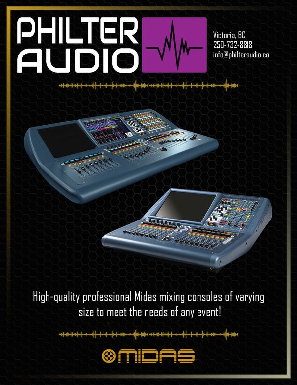 Professional Midas mixing consoles displayed with Philter Audio branding and contact info.
