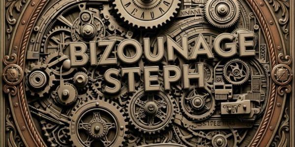 Engrenages complexes autour du texte "BIZOUNAGE STEPH".