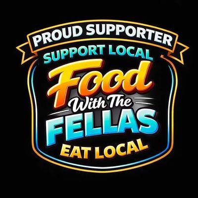 Colorful text graphic promoting support for local food and community.