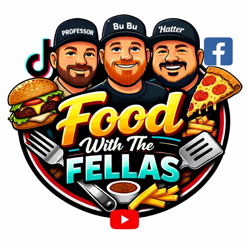 Cartoon logo of three men with hats and food items, promoting "Food With The Fellas."
