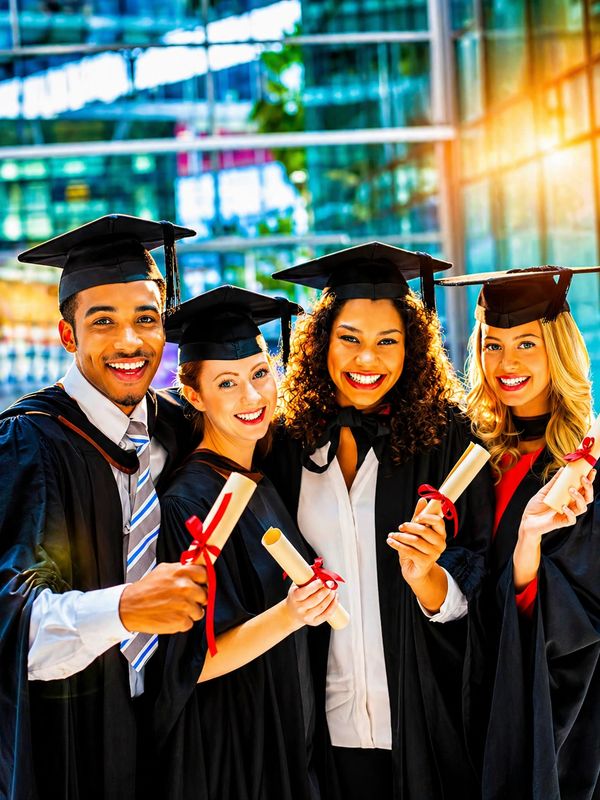 Group of diverse graduates celebrating with diplomas and smiles outdoors.