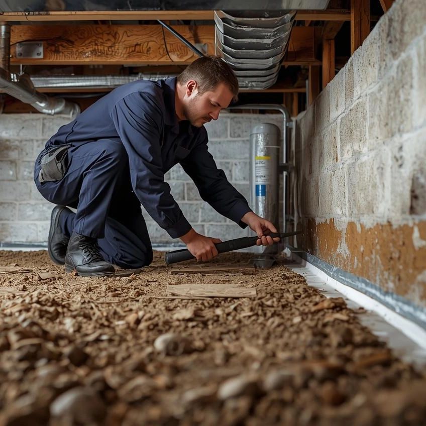 A worker in blue coveralls inspects a basement wall with a tool.