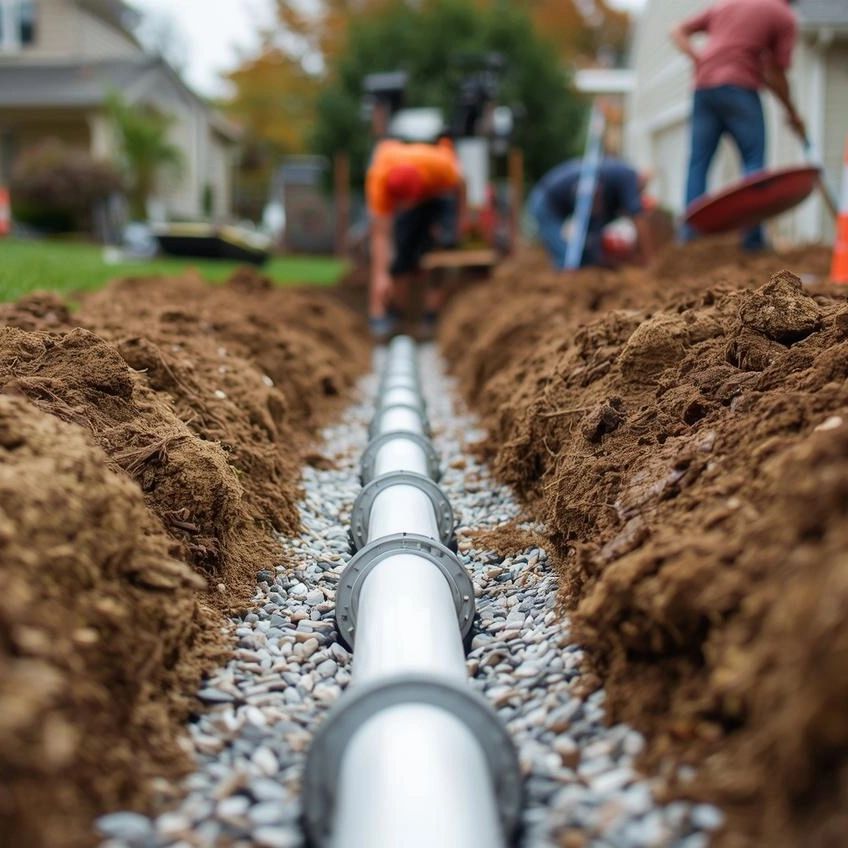 Workers installing a drainage pipe in a gravel-filled trench outdoors.