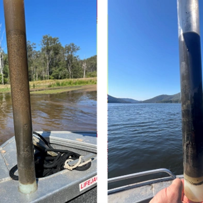 Boat metal pole showing before and after cleaning with water bodies in the background.