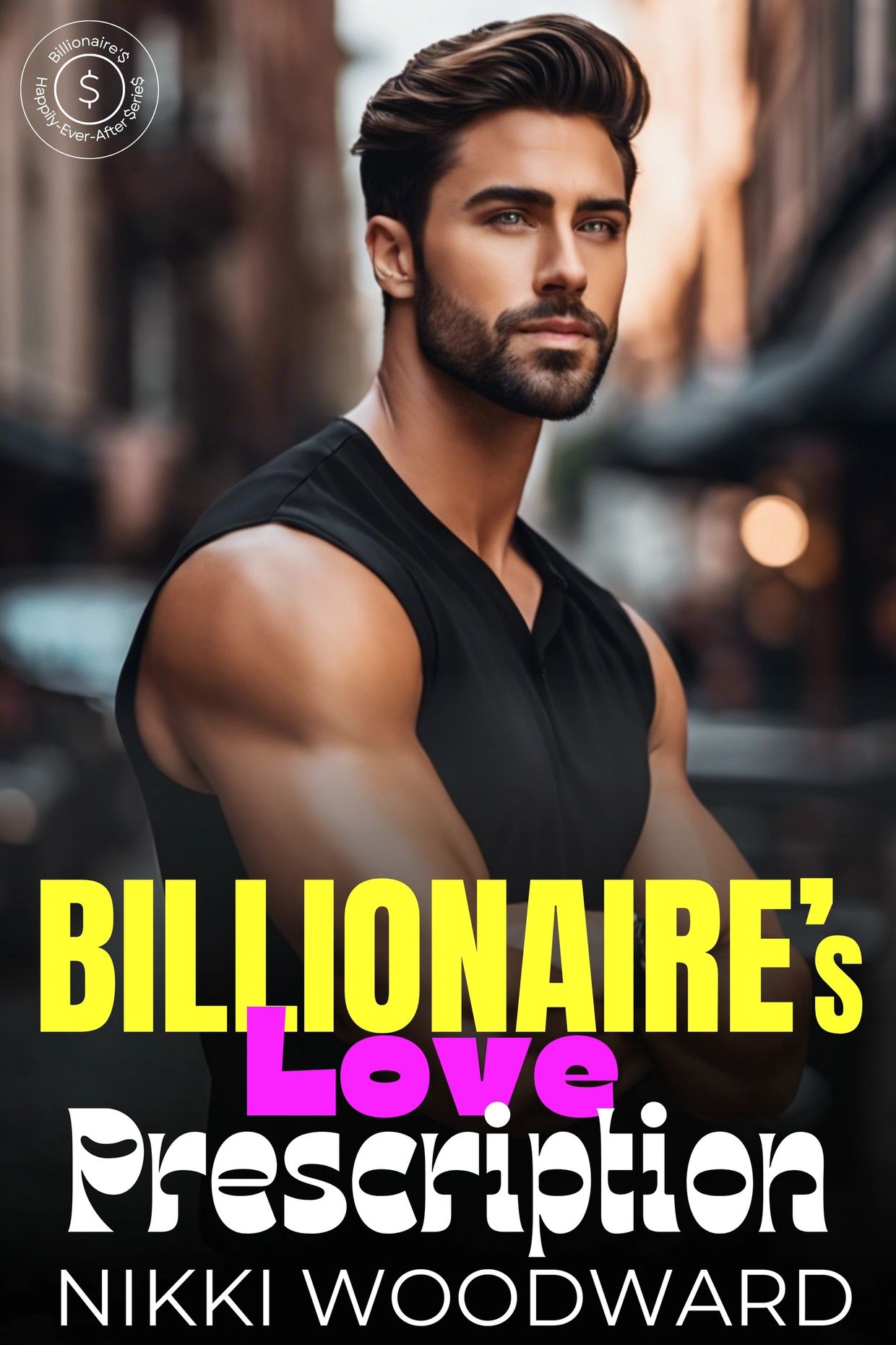 book Cover of Billionaire's Love Prescription by Nikki Woodward featuring a man with black tank top