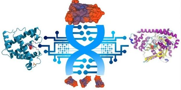 Illustration of DNA with protein structures and digital circuit elements.