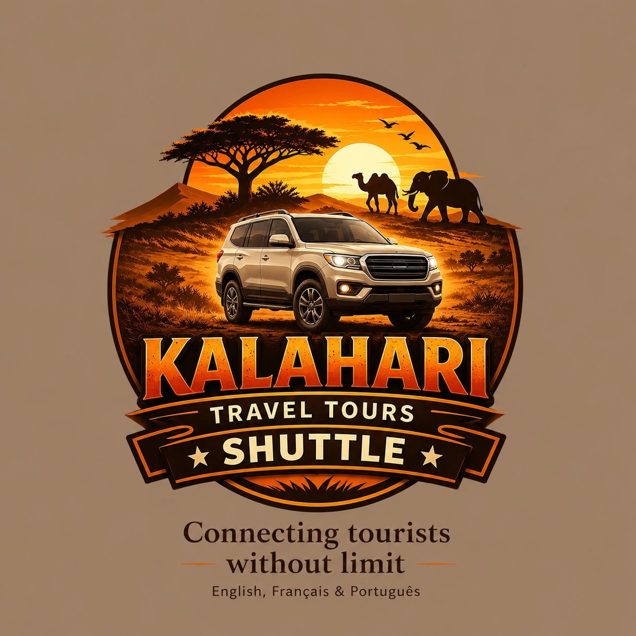 Kalahari Travel Tours Shuttle logo with safari and sunset theme.